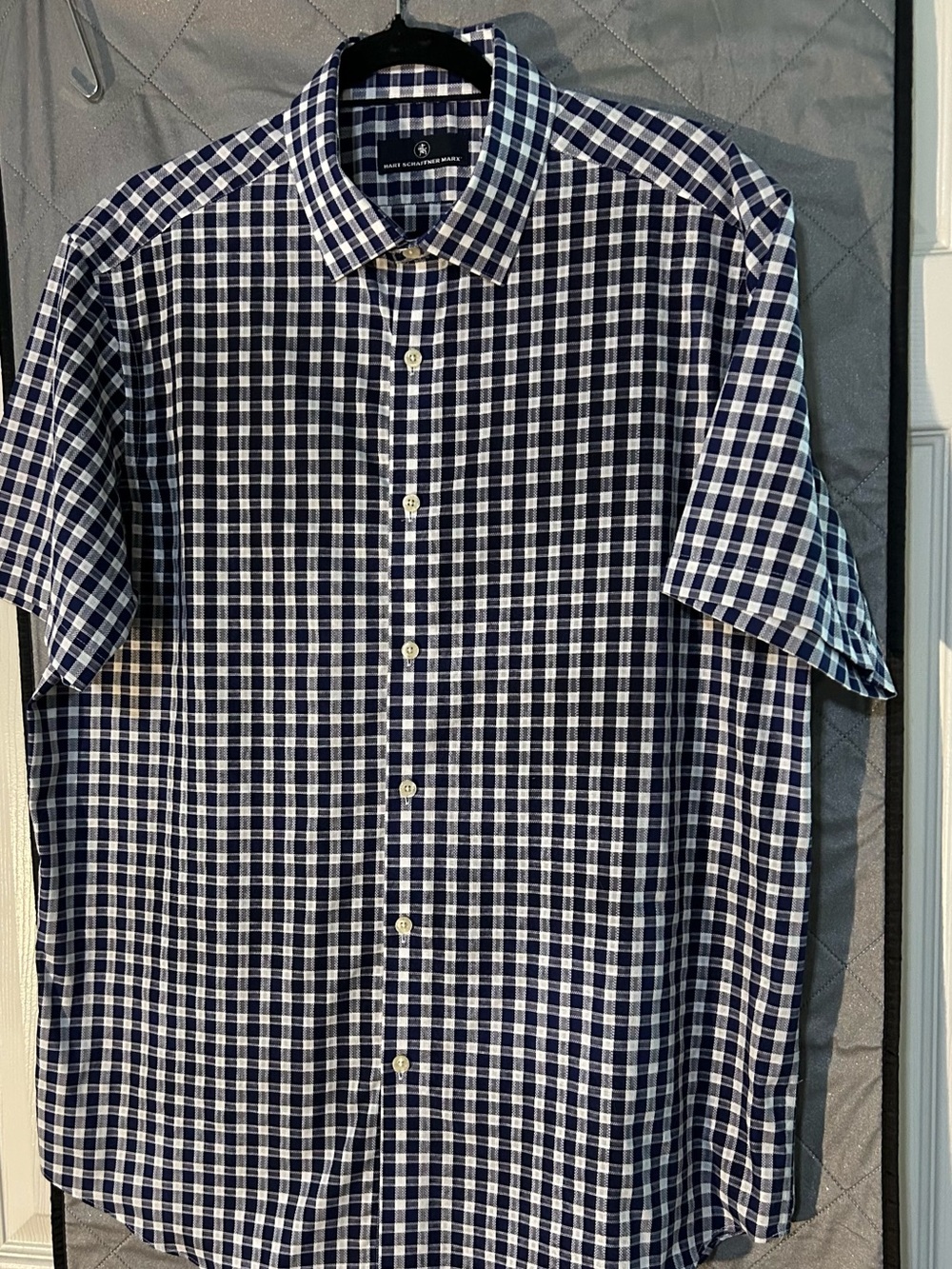 Men’s Gingham - Navy Blue & White-short Sleeve Button Up Shirt